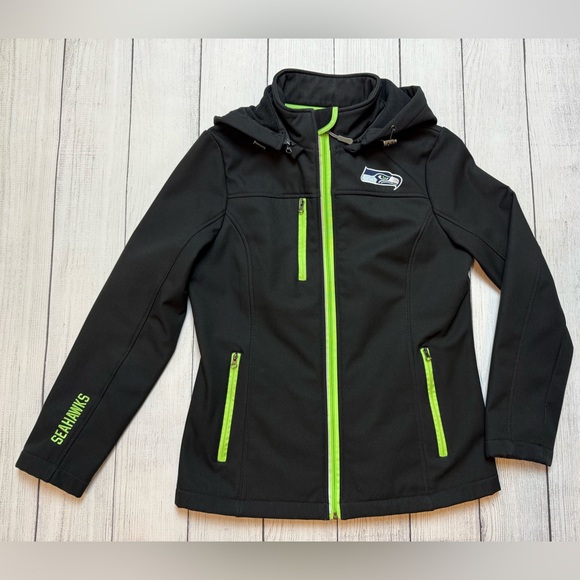 Seahawks NFL Women’s Black and Neon Green Raincoat Small EUC Warm #gohawks 💙💚 - Picture 8 of 10